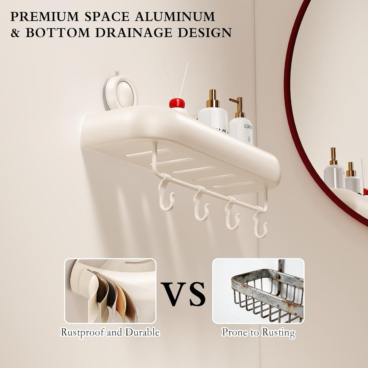Shower Caddy Suction Cup, 2 Pack No Drilling Corner Shower Shelves, Rust Proof Bathroom Storage Organizer, Shower Corner Caddy with Removable Hooks and Towel Bar, Square, Cream