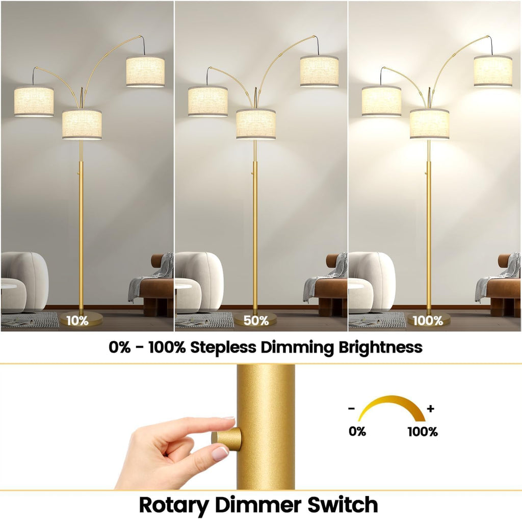 Nintiue Dimmable Floor Lamp - 3 Lights Gold Arc Floor Lamps for Living Room, 1000LM Modern Tall Standing Lamp with White Shades, Mid Century Tree Floor Lamp for Bedroom Office, 3 LED Bulbs Included