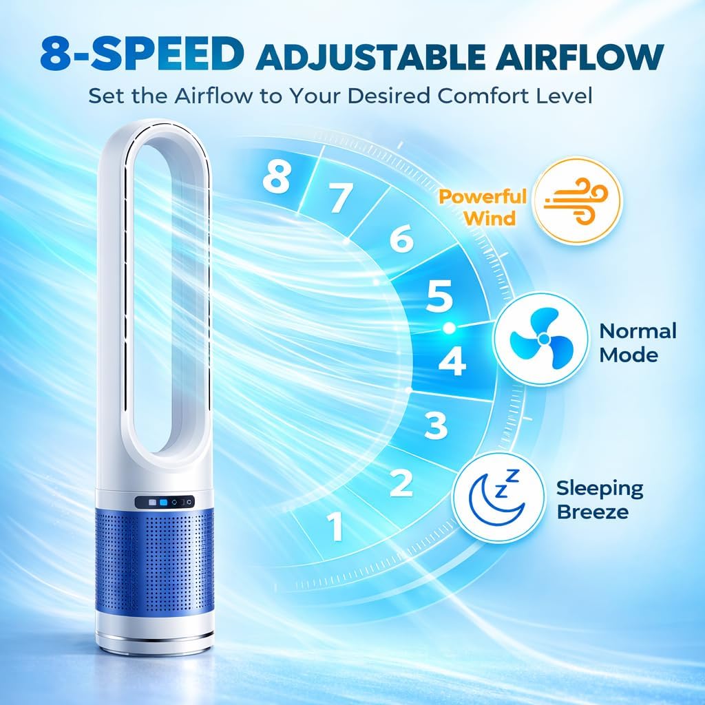 41" Bladeless Tower Fan with Air Filter, 80° Oscillating Standing Fan with Remote Control, 8 Speed Settings, 8H Timer, LED Display Quiet Cooling Fan for Bedroom, Living Room, Office,Blue/White