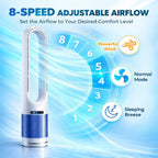 41" Bladeless Tower Fan with Air Filter, 80° Oscillating Standing Fan with Remote Control, 8 Speed Settings, 8H Timer, LED Display Quiet Cooling Fan for Bedroom, Living Room, Office,Blue/White