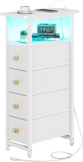 Yoobure Narrow Nightstand with Charging Station, LED Tall Narrow Side Table