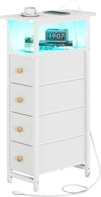 Yoobure Narrow Nightstand with Charging Station, LED Tall Narrow Side Table