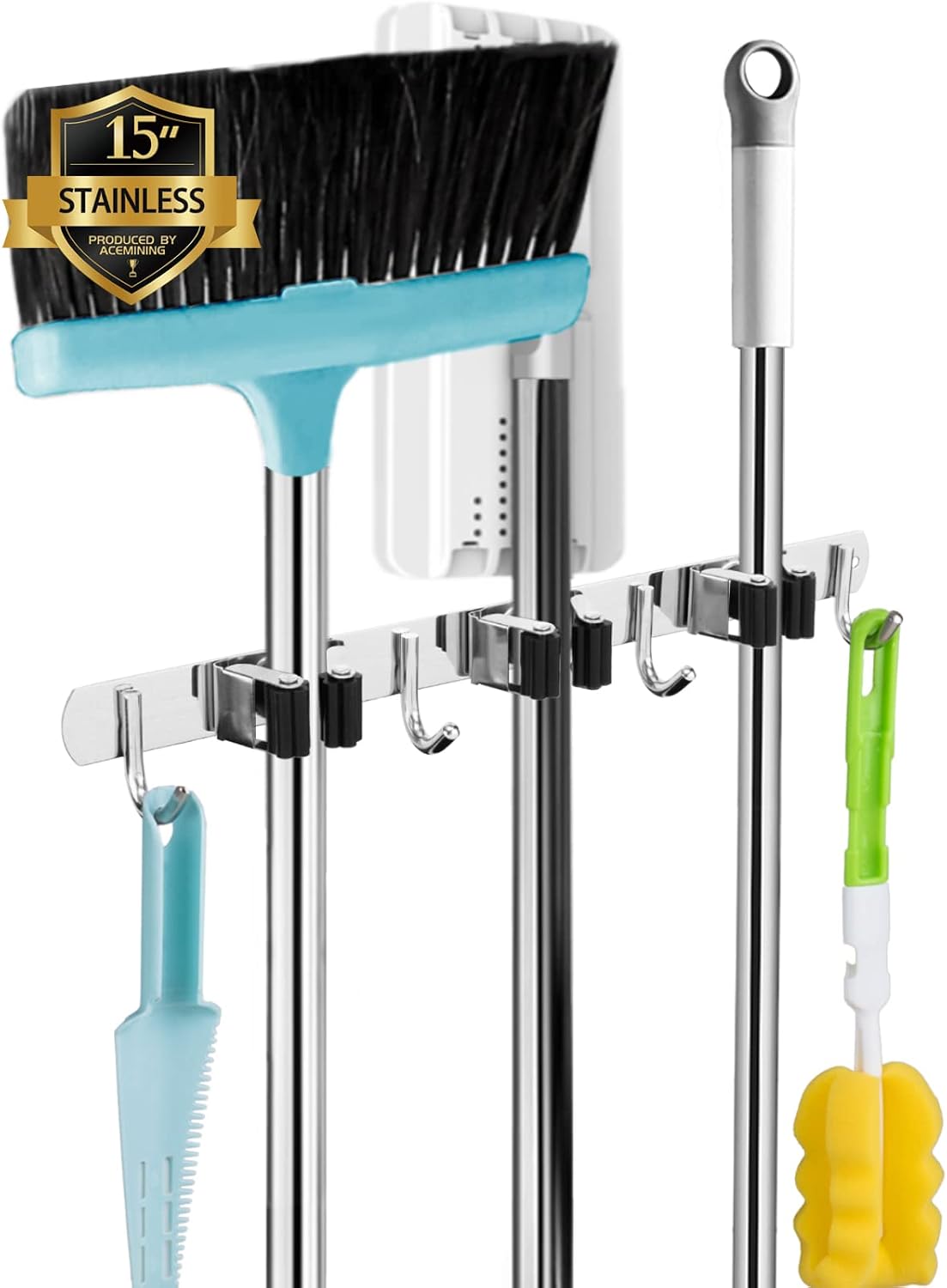 AceMining Broom Holder Wall Mount, 3 Racks 4 Hooks Heavy Duty Mop Organizer