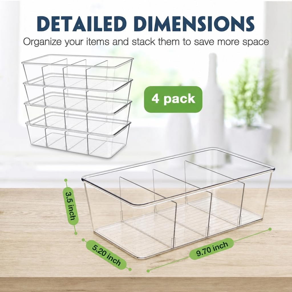 Batoto Pantry Organization and Storage Bins, Refrigerator Organizer Bins – Clear, Kitchen Organization and Storage with Dividers (4 pack)