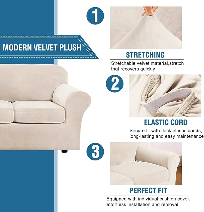 H.VERSAILTEX Real Velvet Plush 3 Piece Stretch Sofa Covers Couch Covers - Image 3