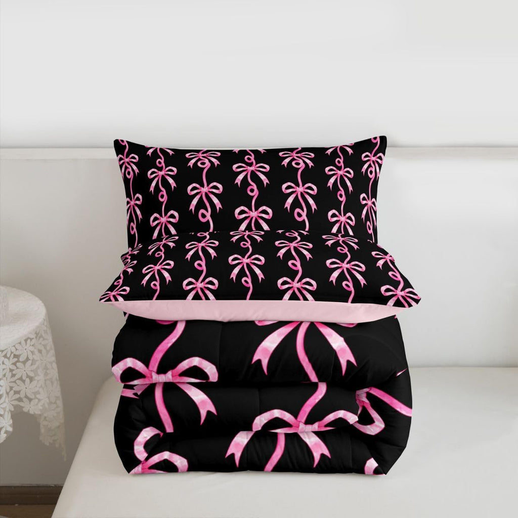 Erosebridal Pink and Black Bow Twin Comforter Set | Cute Coquette Bowtie Bedding Sets for Girls Kids, Pink Ribbon Bow Tie Striped Bed Set, Aesthetic Bows Room Decor, 1 Pillowcase