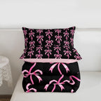 Erosebridal Pink and Black Bow Twin Comforter Set | Cute Coquette Bowtie Bedding Sets for Girls Kids, Pink Ribbon Bow Tie Striped Bed Set, Aesthetic Bows Room Decor, 1 Pillowcase