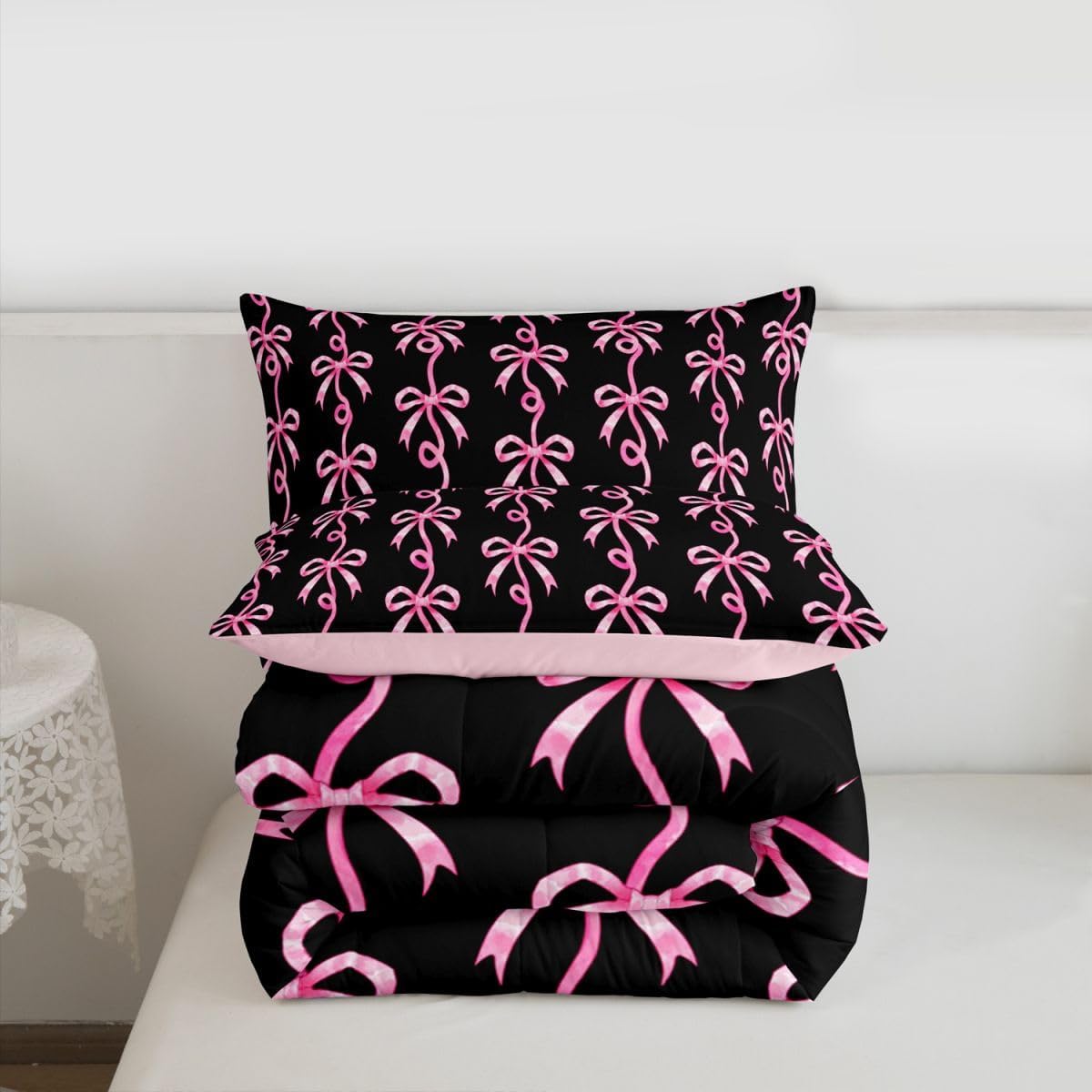 Erosebridal Pink and Black Bow Twin Comforter Set | Cute Coquette Bowtie Bedding Sets for Girls Kids, Pink Ribbon Bow Tie Striped Bed Set, Aesthetic Bows Room Decor, 1 Pillowcase