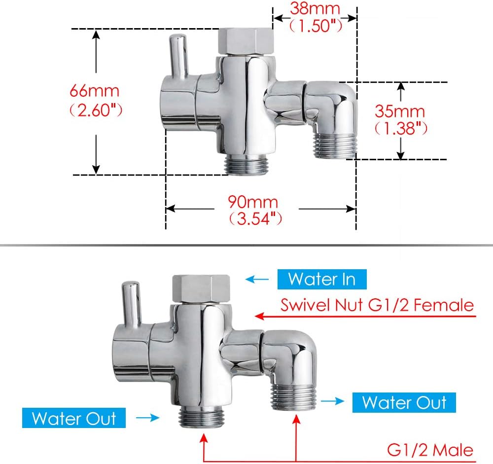 Brass Shower Arm Diverter Valve for Handheld Shower Head and Fixed Spray Head G1/2 3 Way Universal Bathroom System Component Replacement Part, Polished Chrome