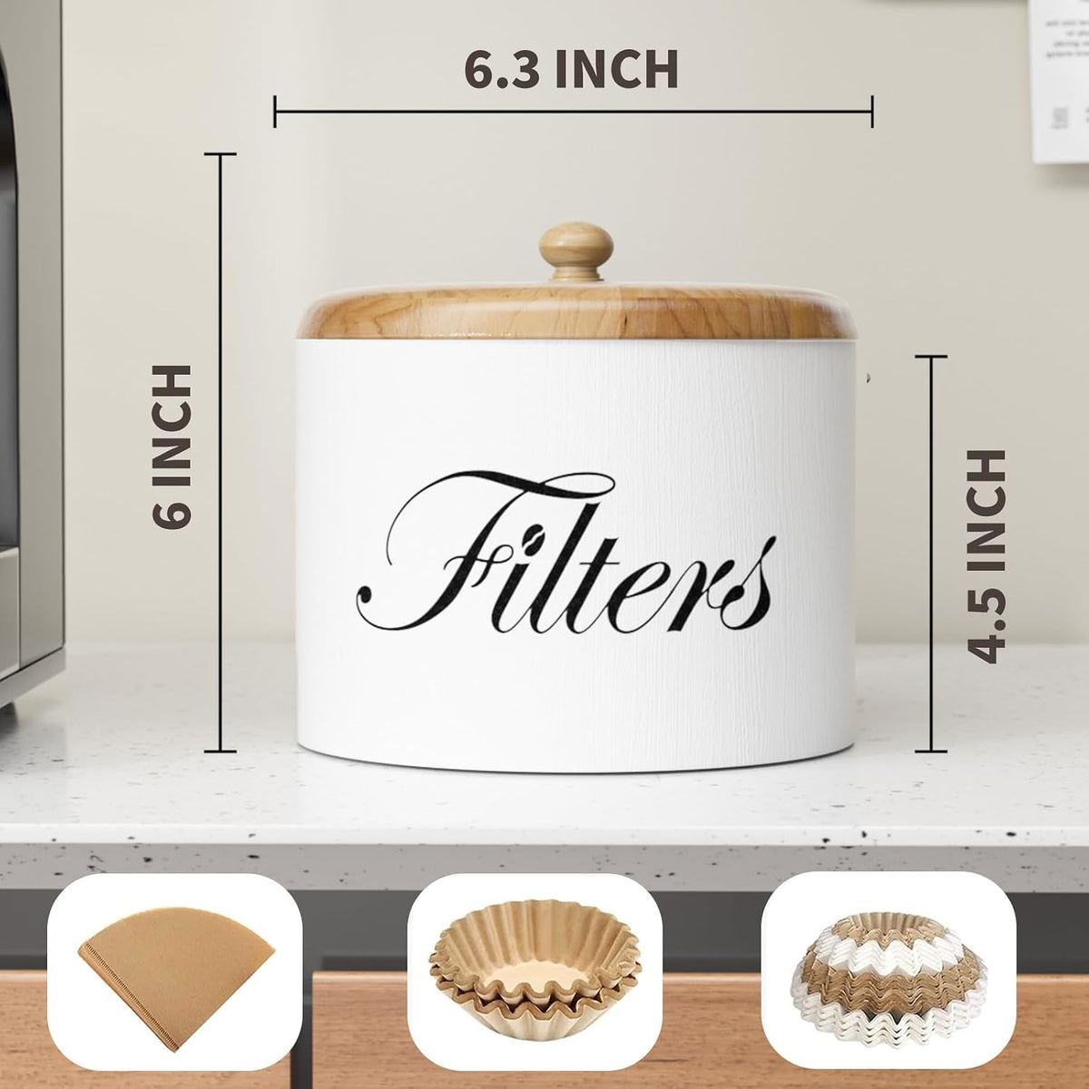 Coffee Filter Holder, Wooden Coffee Filter Storage with Lid, Round CoffeeFilterContainer for Counter, Rustic Farmhouse Bar Accessories Decor (White)