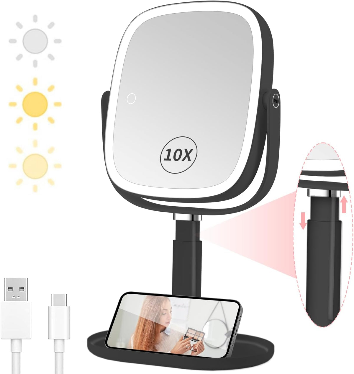Vanmirr Height Adjustable Lighted Makeup Mirror with Magnification-Black