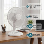 COMFORT ZONE 12" 3-Speed Oscillating Table Fan for Home - White
