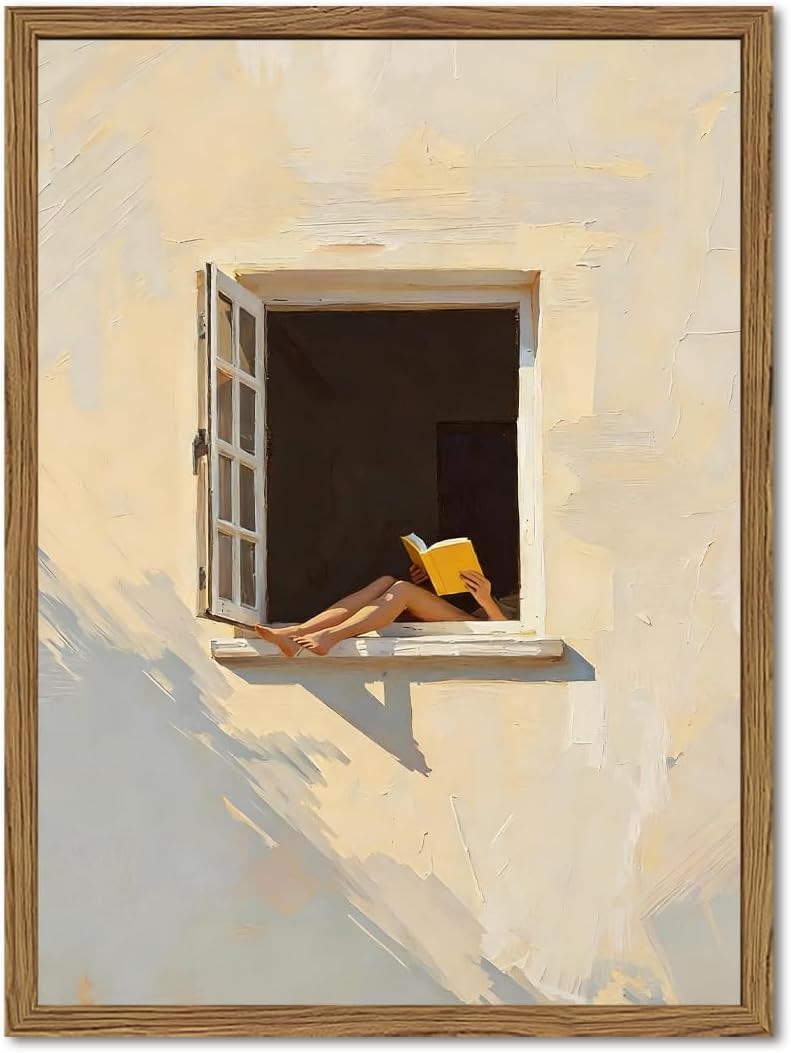 Girl Reader Wall Art Window Book Lover Wall Decor Picture Modern Beige Woman Reading Poster Canvas Print for Bedroom Living Library Room 12x16 inch Framed