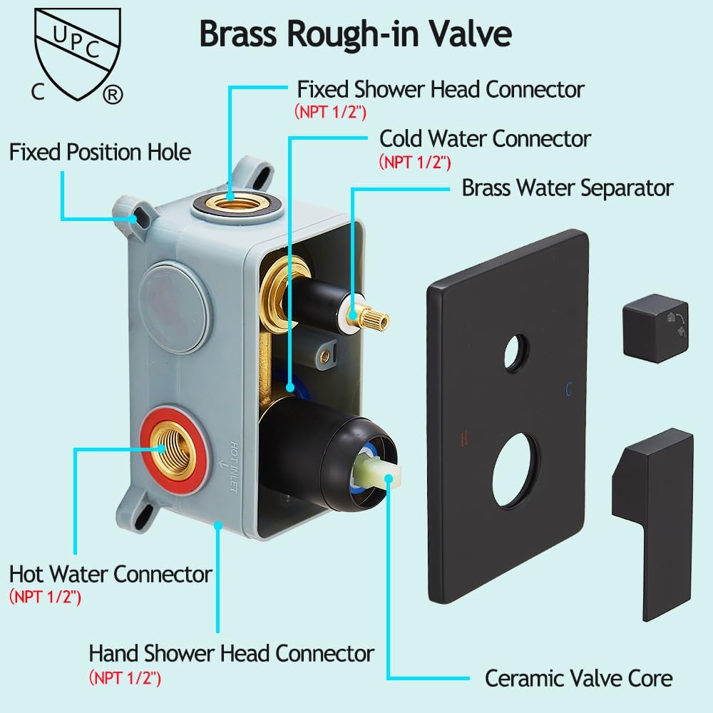 Shower Faucet Set Complete, Wall Mount Shower System for Bathroom 12 Inch High-Pressure Rainfall Shower with Handheld, Rough-in Valve Body and Trim Kit, Matte Black