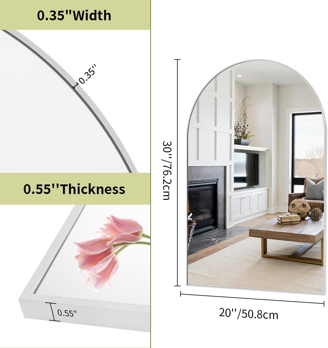 BEAUTYPEAK 20"x30" Arch Bathroom Wall Mirror, Silver