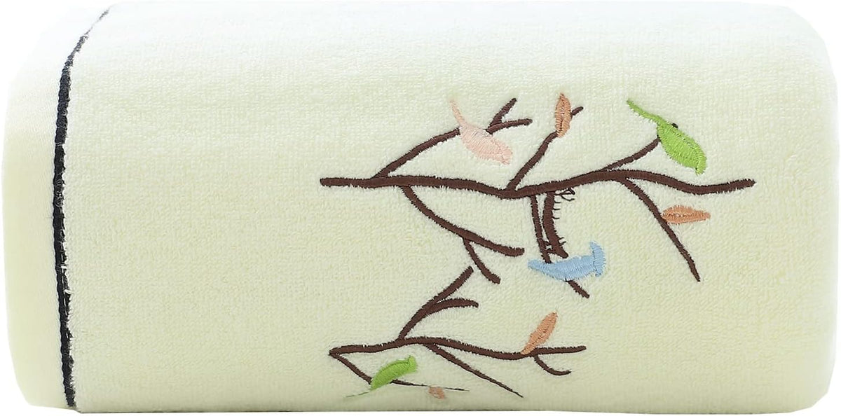 Embroidered Bird Tree Bath Towel for Bathroom,Light Yellow