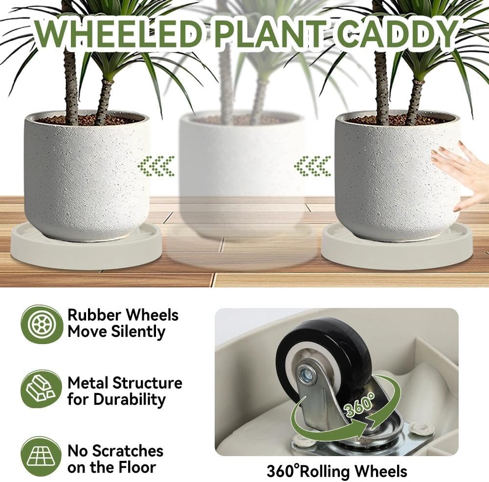 1 Pcs Plant Caddy with Wheels 13.5 Inch Hidden Wheels Heavy Duty Rolling Plant Stand, Indoor Outdoor Plant Saucer Tray with $9.9 Garden Tools (Beige)