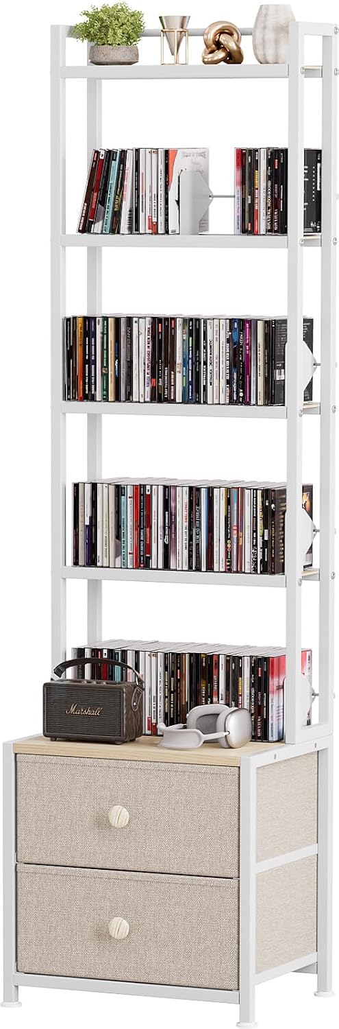 CD Storage Rack with Drawer, 5-Tier Media Storage Shelf