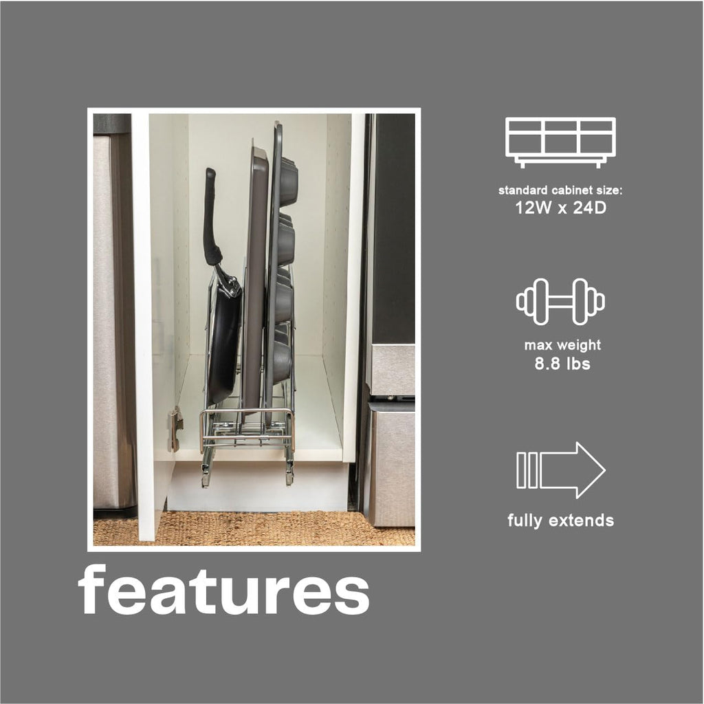 Household Essentials Glidez Multipurpose Chrome-Plated Steel Pull-Out/Slide-Out Storage Organizer for Cookware and Bakeware - Fits Standard Size Cabinet or Shelf, Chrome