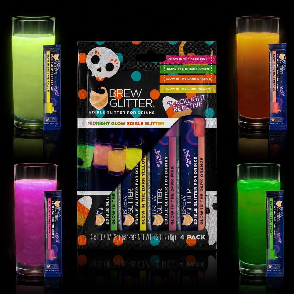 Blacklight Reactive Edible Glitter for Drinks, Variety Pack, Glowing Green, Yellow, Orange & Pink, 4 Pack