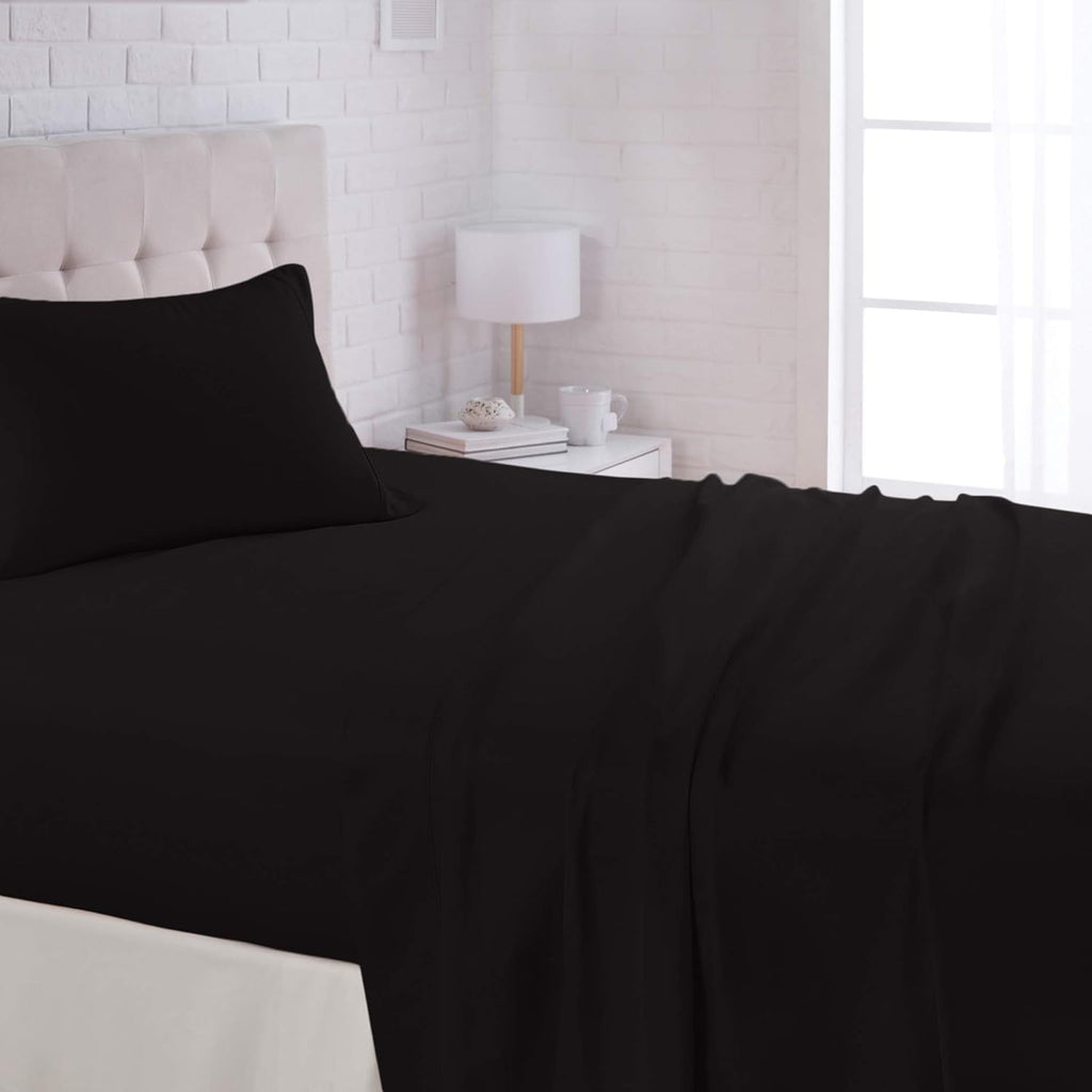 Amazon Basics Lightweight Super Soft Easy Care Breathable Microfiber 4 Piece Cozy Comfortable Bed Sheet Set, Wrinkle Resistant with 14-Inch Deep Pockets, Queen, Black, Solid