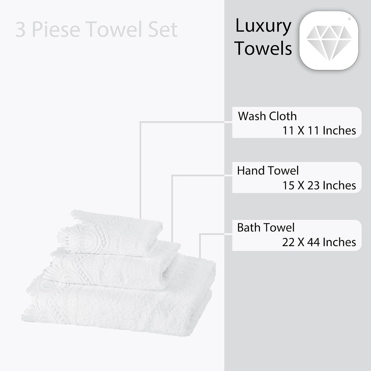 3 Piece Laced Bath Towels Set for Bathroom, Bath, Hand & Wash Cloths, Decorative Stylish Plush Cotton Washcloths - Showering, Face & Body Washing, Airbnb Essentials & Host Accessories, White