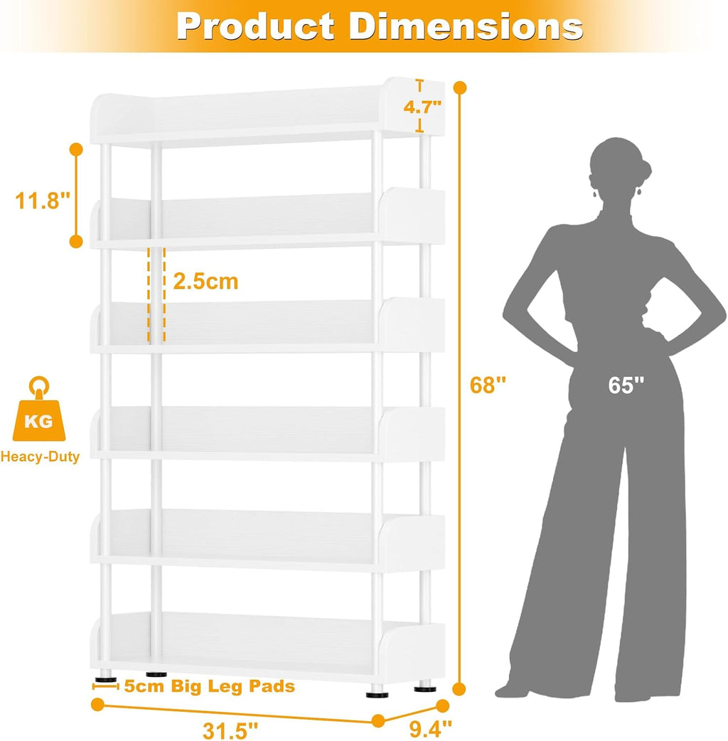 Aheaplus 6-Tier Tall Open Bookshelf, 31.5" Modern Display Bookcase Shelf with Top Edge and Pipe Metal Frame, Industrial Standing Bookshelves Storage Rack Organizer for Living Room, Home Office, White