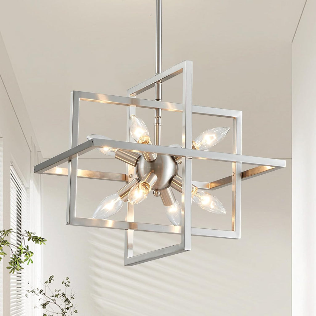 XINGQI 15“ Modern Chandelier 8-Light Brushed Nickel Geometric Pendant Lighting Farmhouse Ceiling Light Fixtures for Dining Room Living Room Kitchen Island Bedroom Hallway