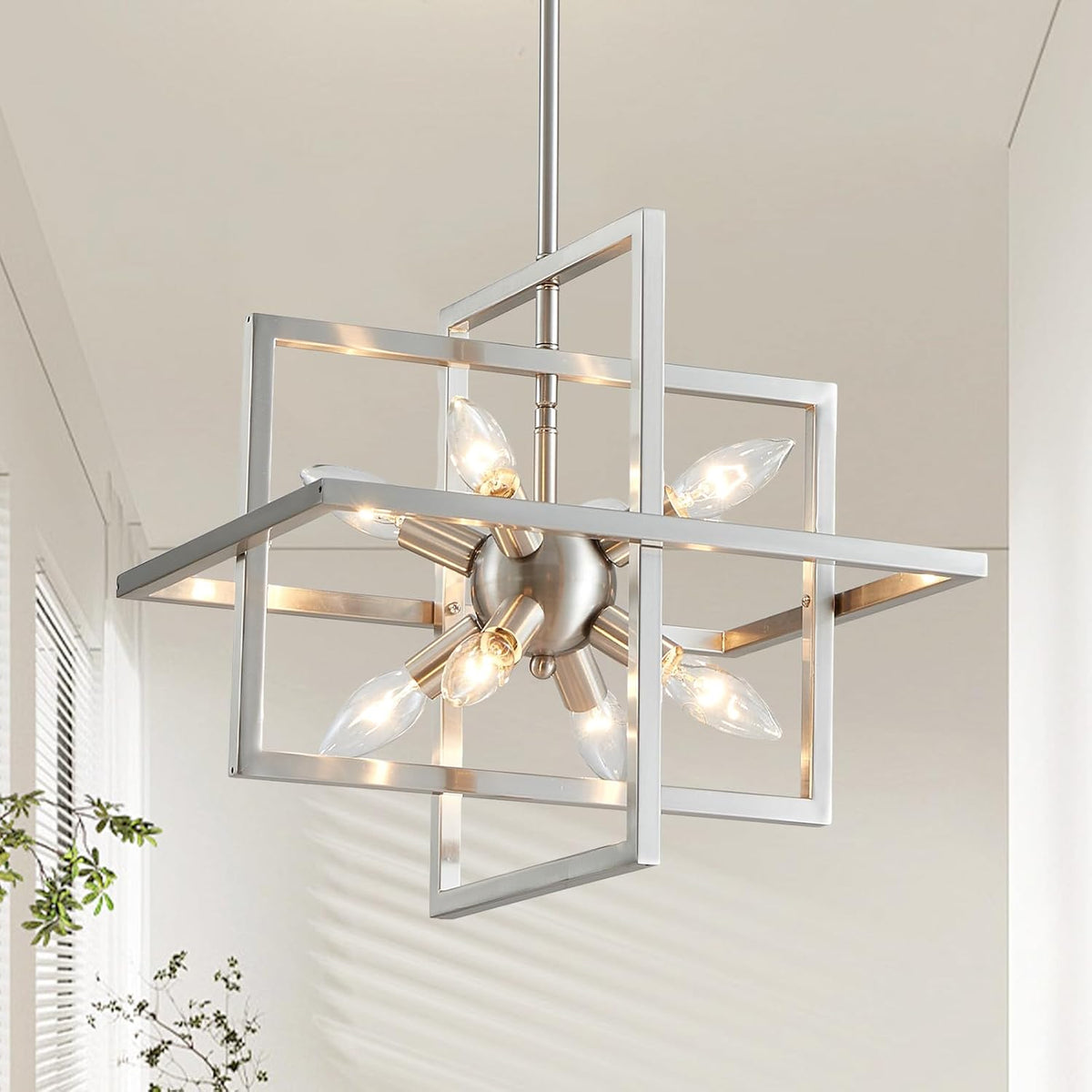 XINGQI 15“ Modern Chandelier 8-Light Brushed Nickel Geometric Pendant Lighting Farmhouse Ceiling Light Fixtures for Dining Room Living Room Kitchen Island Bedroom Hallway