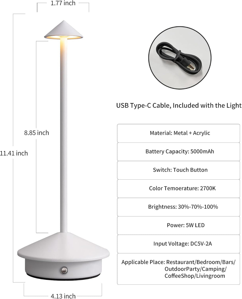 Modern Cordless Table Lamp Set of 2, White Portable LED Desk Lamps