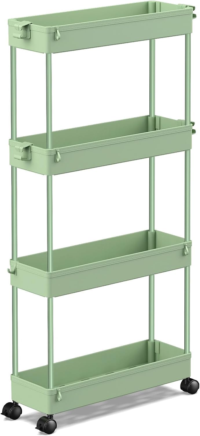 SPACEKEEPER Slim Rolling Storage Cart, 4 Tier Bathroom Cart Organizer,Green