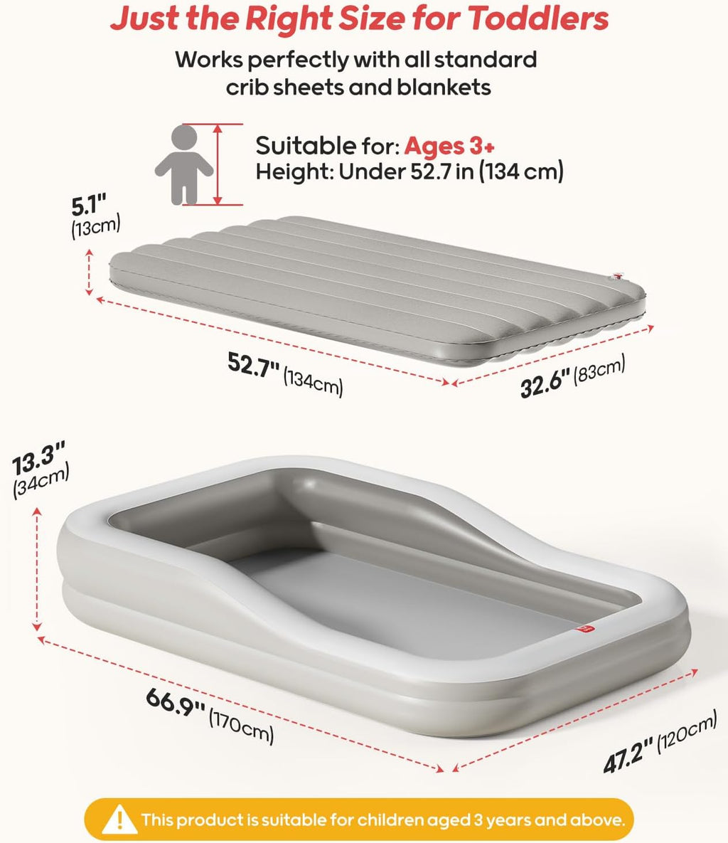 QPAU Inflatable Toddler Travel Bed with 3-Sided, Extra Large, Gray