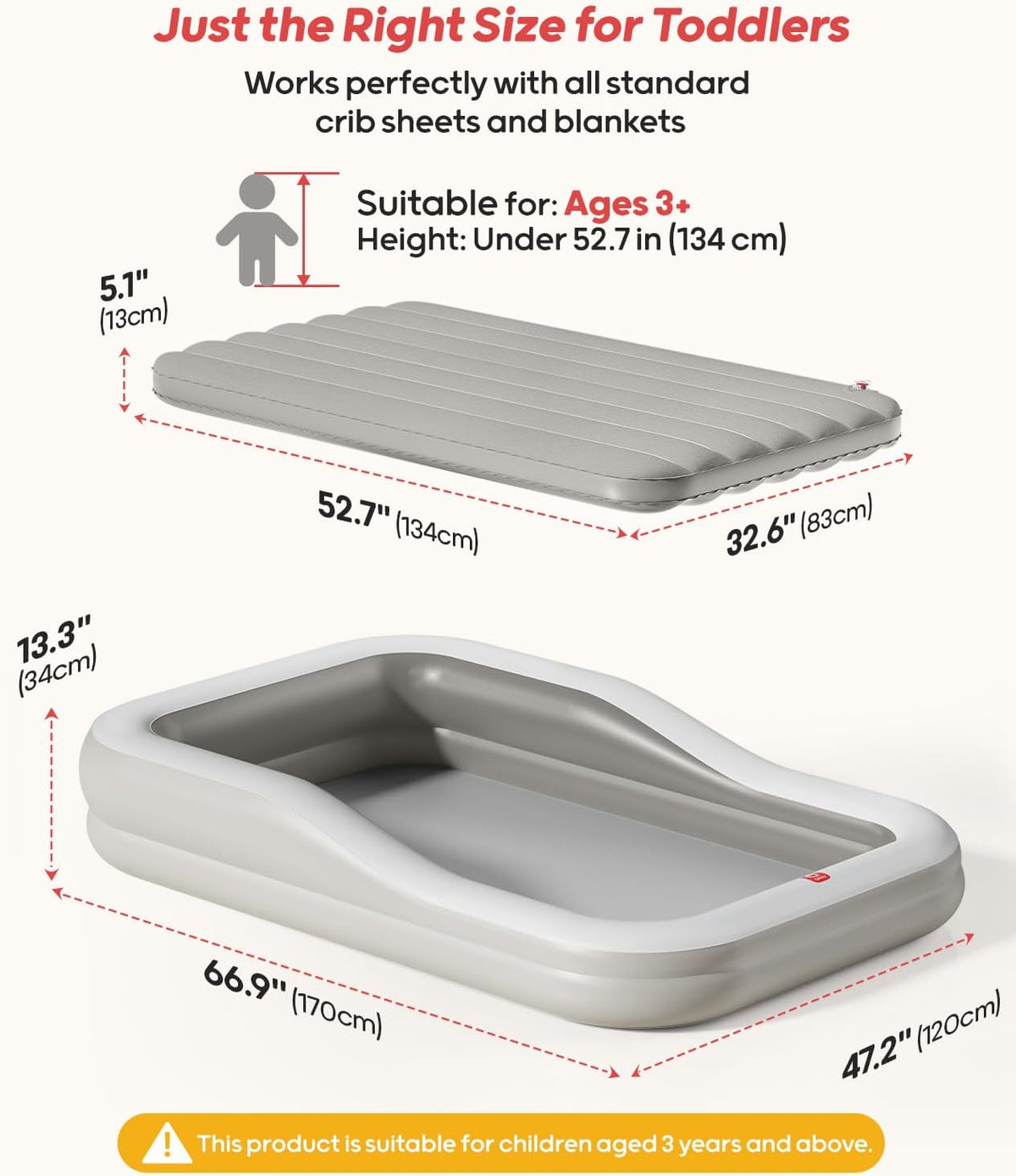QPAU Inflatable Toddler Travel Bed with 3-Sided, Extra Large, Gray