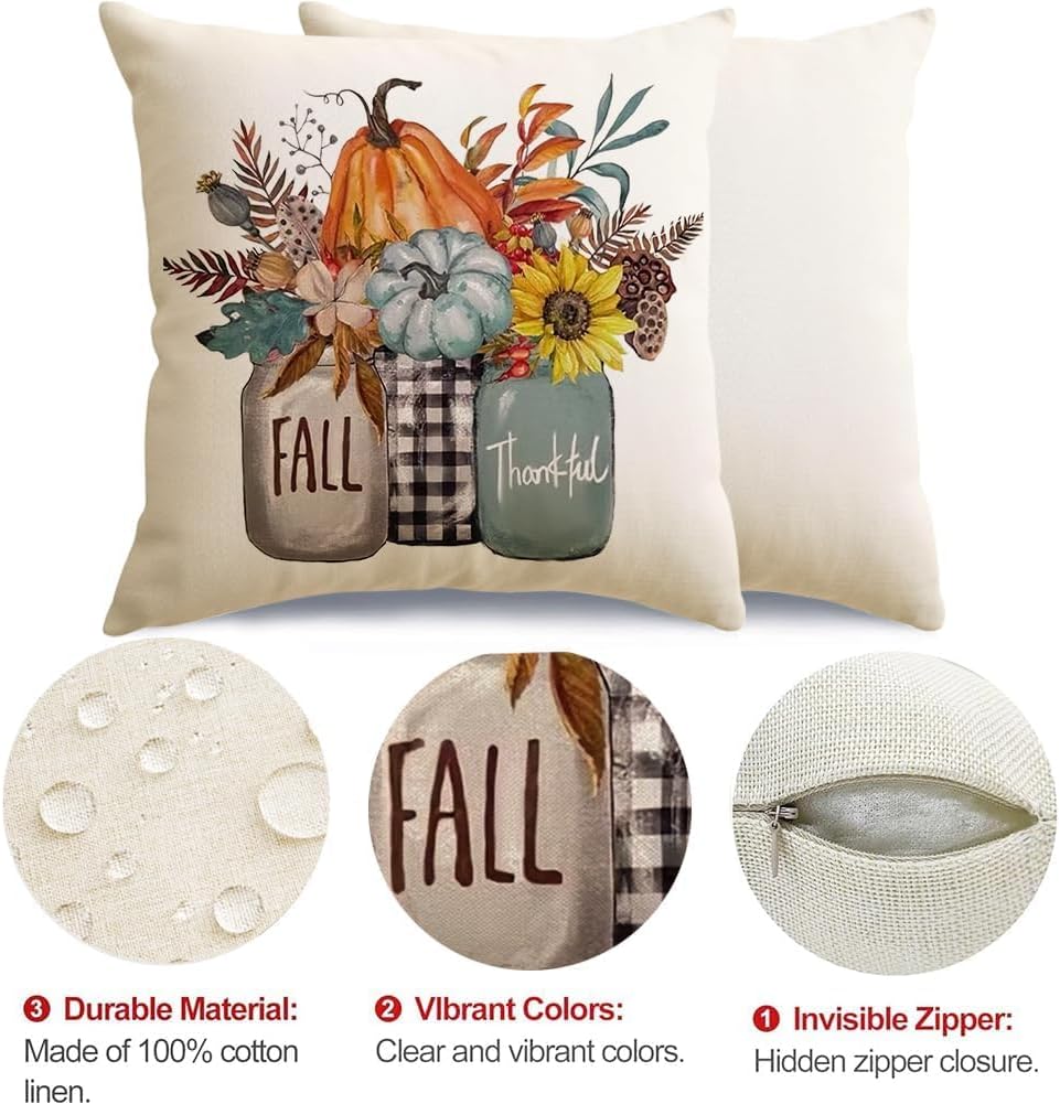 RABUSOFA Fall Pillow Covers 16x16 Aqua Pumpkin Fall Decorations for Home