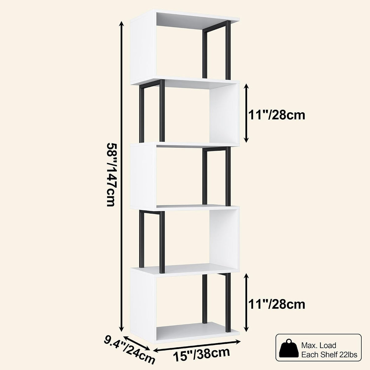 Yusong Bookshelf 5-Tier, Geometric Bookcase S Shaped Book Shelves for Bedroom, Modern Wood Decorative Display Shelf Book Case for Home Office, White and Black
