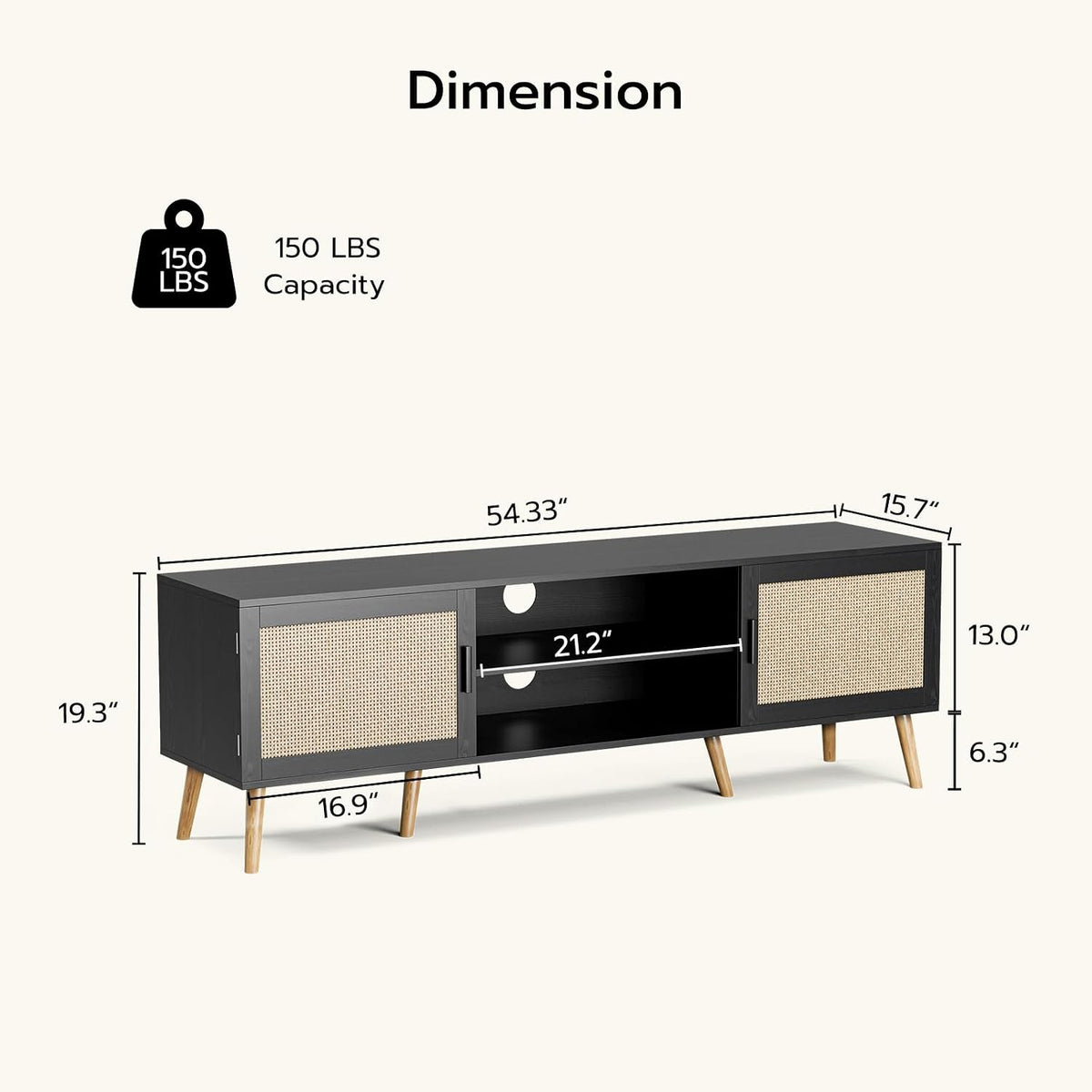 ZttRiee TV Stand with Rattan Doors for TVs up to 65", Mid-Century, Black