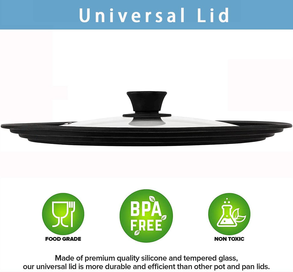 Universal Lids for Pots, Pans & Skillets - Fits 7", 8" & 9" Diameter, 10", 11" & 12" Diameter Cookware, Tempered Glass with High Heat Resistant Silicone Rim, Dishwasher Safe (2 Pack)