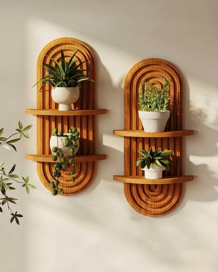 Bamworld Boho Wall Decor Plant Wall Shelf Wood Plant Holder 2 Tier