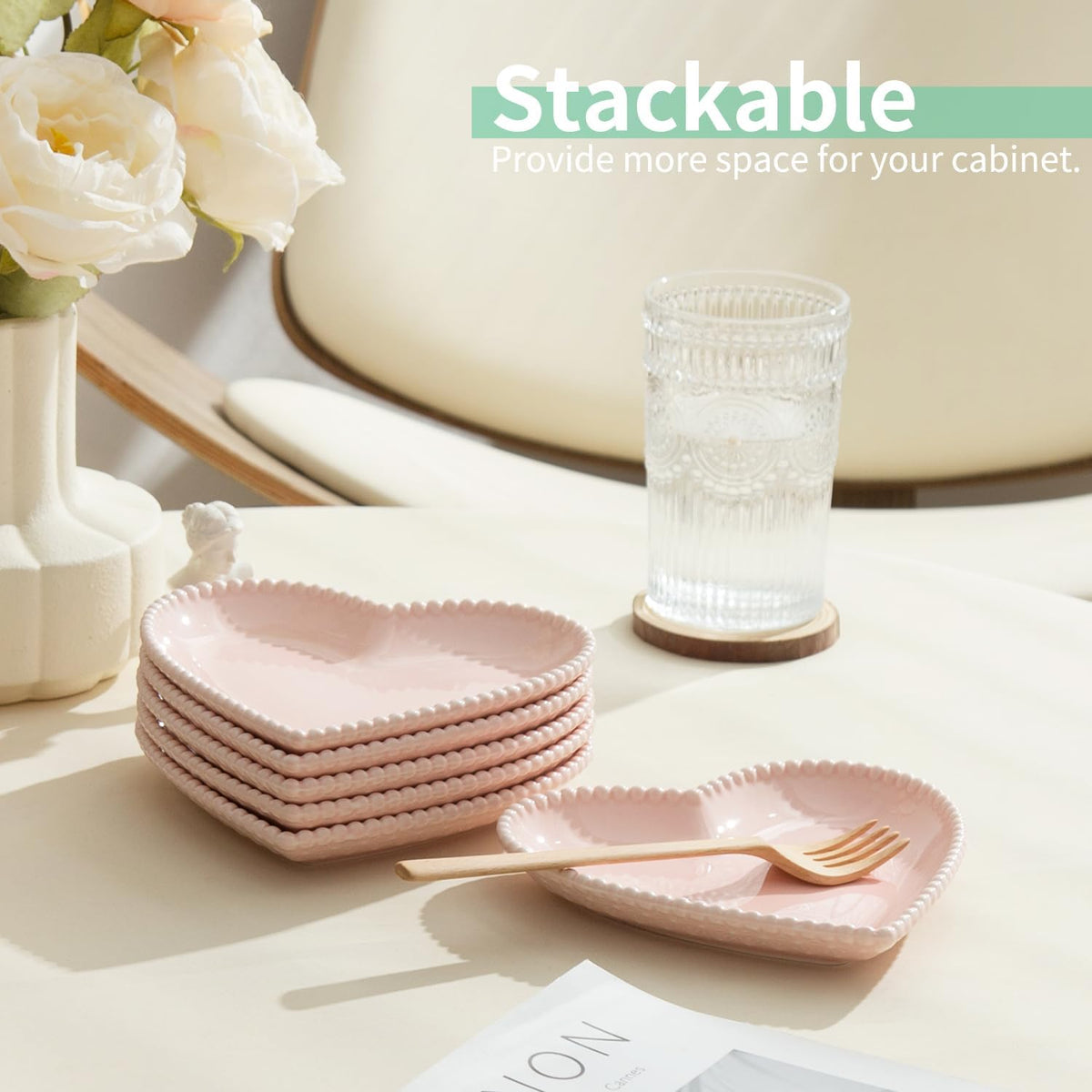 6.3 Inch Ceramic Pink Dessert Plates, Heart Shaped Appetizer Plate Set, 10P