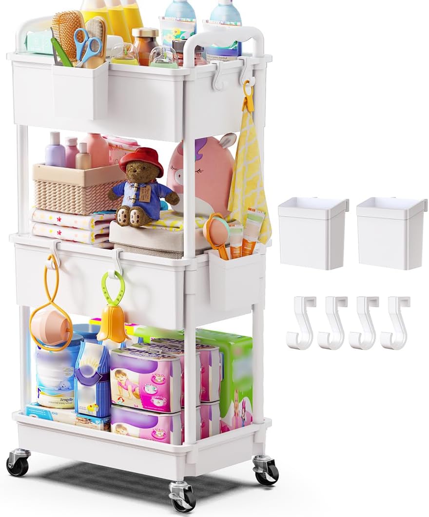 Diaper Cart with Lockable Wheels and Easy Assembly, 3 Tier White