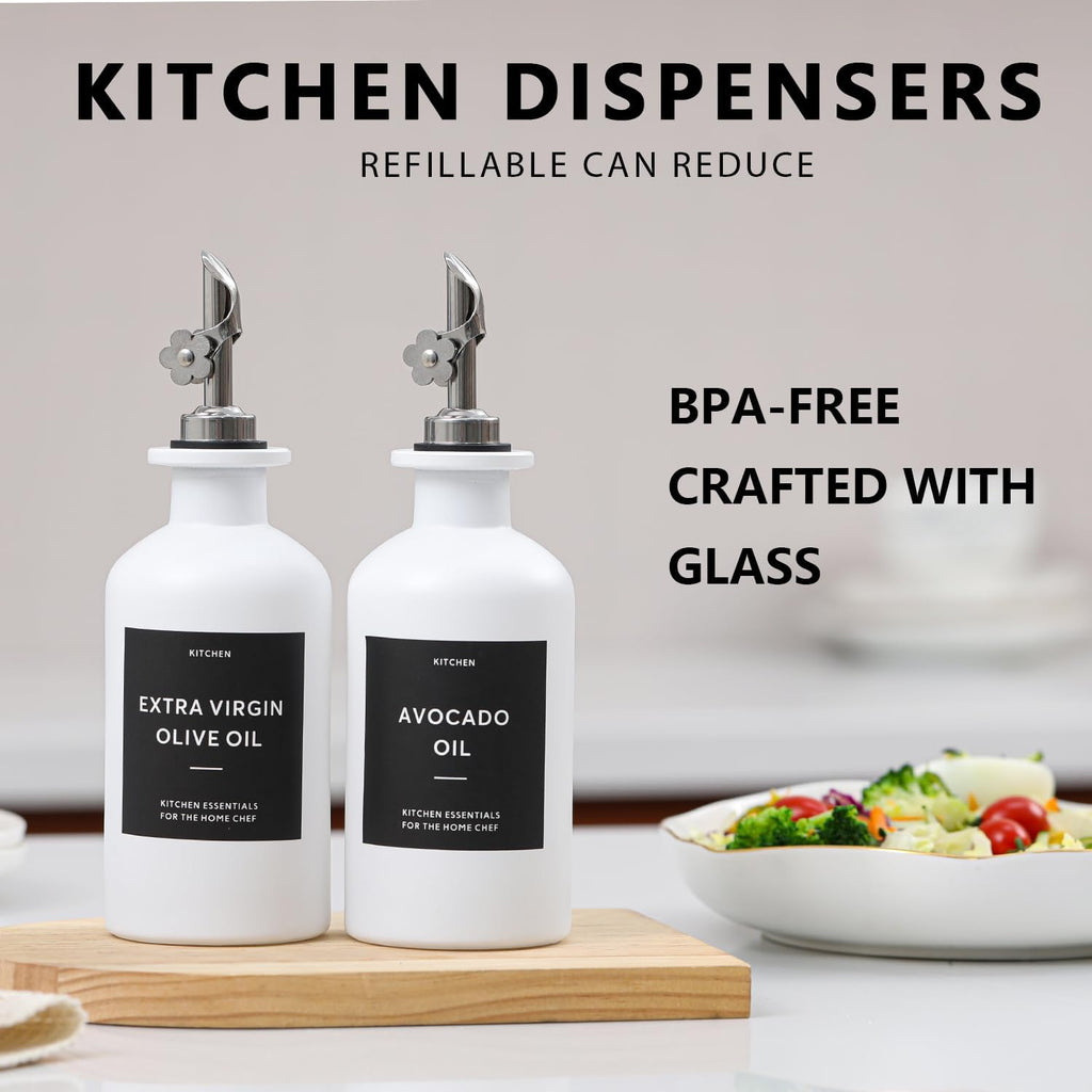 HOMCDALY Olive Oil Dispenser for Kitchen, 12oz Glass kitchen Dispenser Bottle, White Oil&Vinegar Cruet Set, Leakproof Oil Bottle for Cooking| Set of 2 (12oz – White)