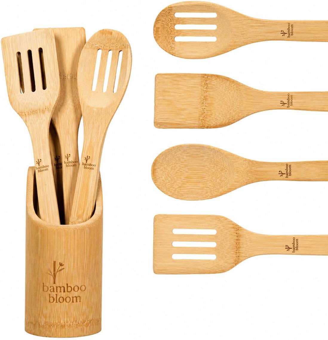 Bamboo Kitchen Utensils Set with Holder, 4-Pieces Wooden Cooking Utensils for Nonstick Cookware, Natural Bamboo Spoons & Spatulas, Comfortable Grip, Kitchen Essentials (4 Pieces + Holder)