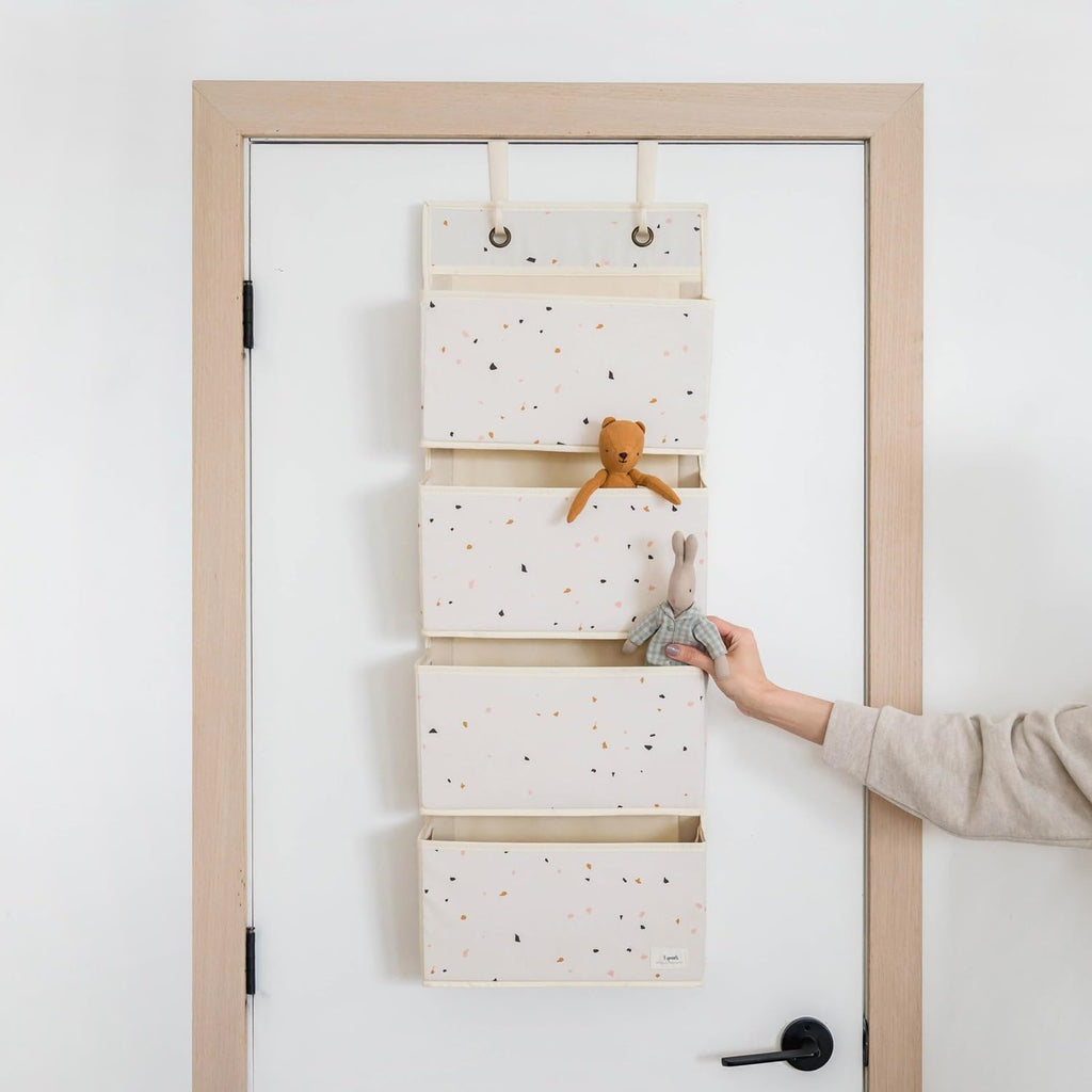 3 Sprouts Over Door Organizer, 4 Pockets, Hooks Included, Terrazzo Cream
