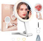 Travel Makeup Mirror with Lights, 15X/1X Double Sided Magnifying Mirror with 3 Color LED Lights, Rechargeable Portable Vanity Mirror for Girls & Women, College Dorm Room Essentials & Gifts