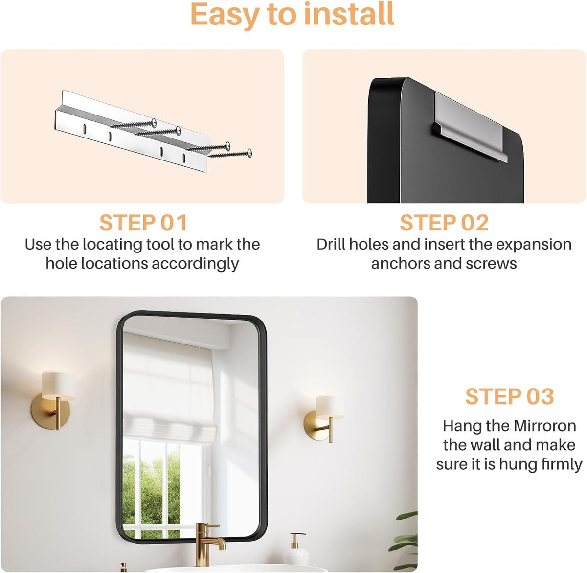 Bathroom Mirror for Wall, 30x22 Inch Rounded Rectangle Mirror, Black Metal Framed Bathroom Vanity Mirror for Restroom Farmhouse, Anti-Rust, Tempered Glass, Horizontally or Vertically Hanging