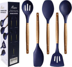 Non-Stick Silicone Kitchen Utensils Set with Natural Acacia Hard Wood Handle, 5 Piece, Midnight Blue, BPA Free, Baking & Serving Silicone Cooking Utensils