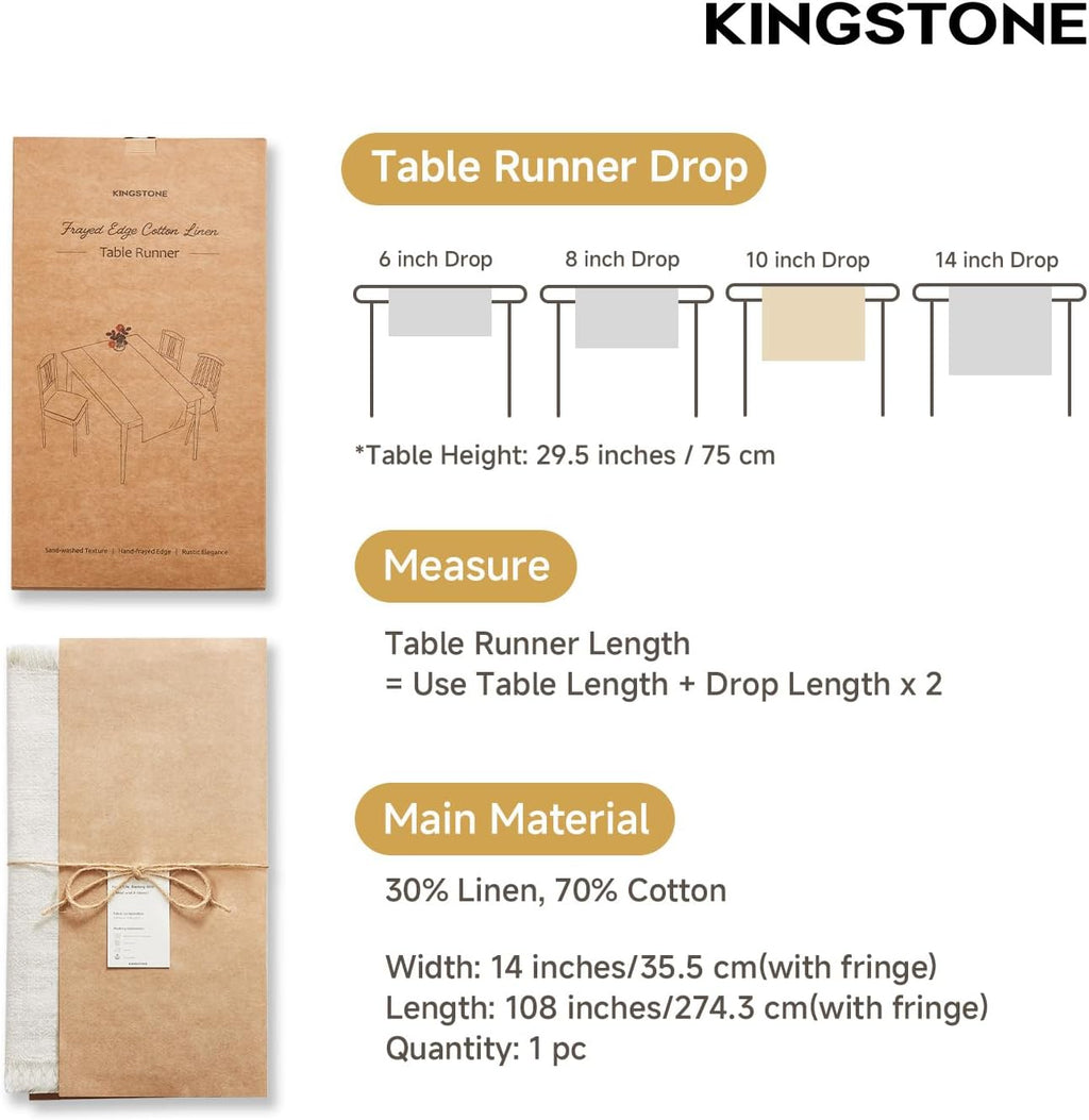 KINGSTONE 14 x 108 Inches Frayed Edge Table Runner, 270G Heavyweight Sand Washed Slub Texture Cotton Linen for Modern Farmhouse, Rustic Home Decorations Dining Room Wedding Boho Decor, White