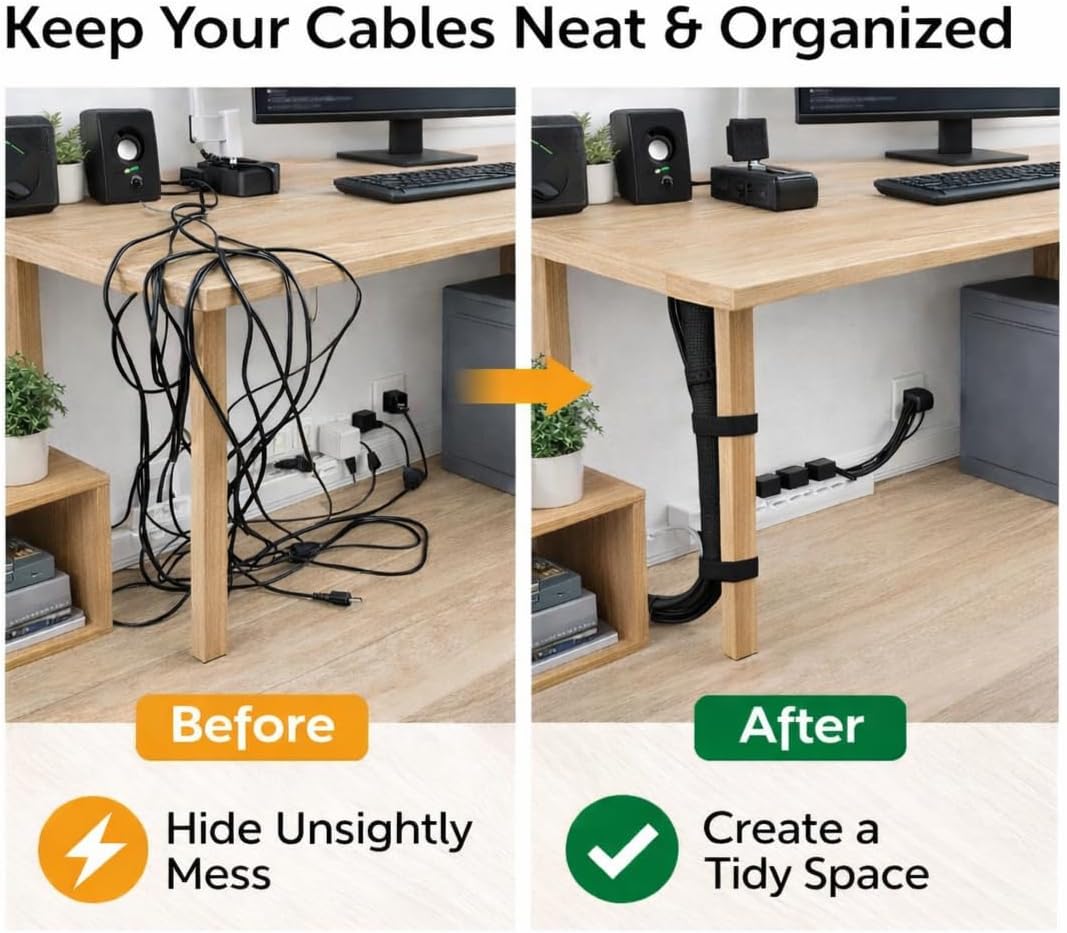 Cable Management Kit – 4 Pack 3FT Cord Sleeves + 3 Roll Reusable Cable Ties, Wire Organizer Wrap for TV, Desk, Computer, Home & Office, Black