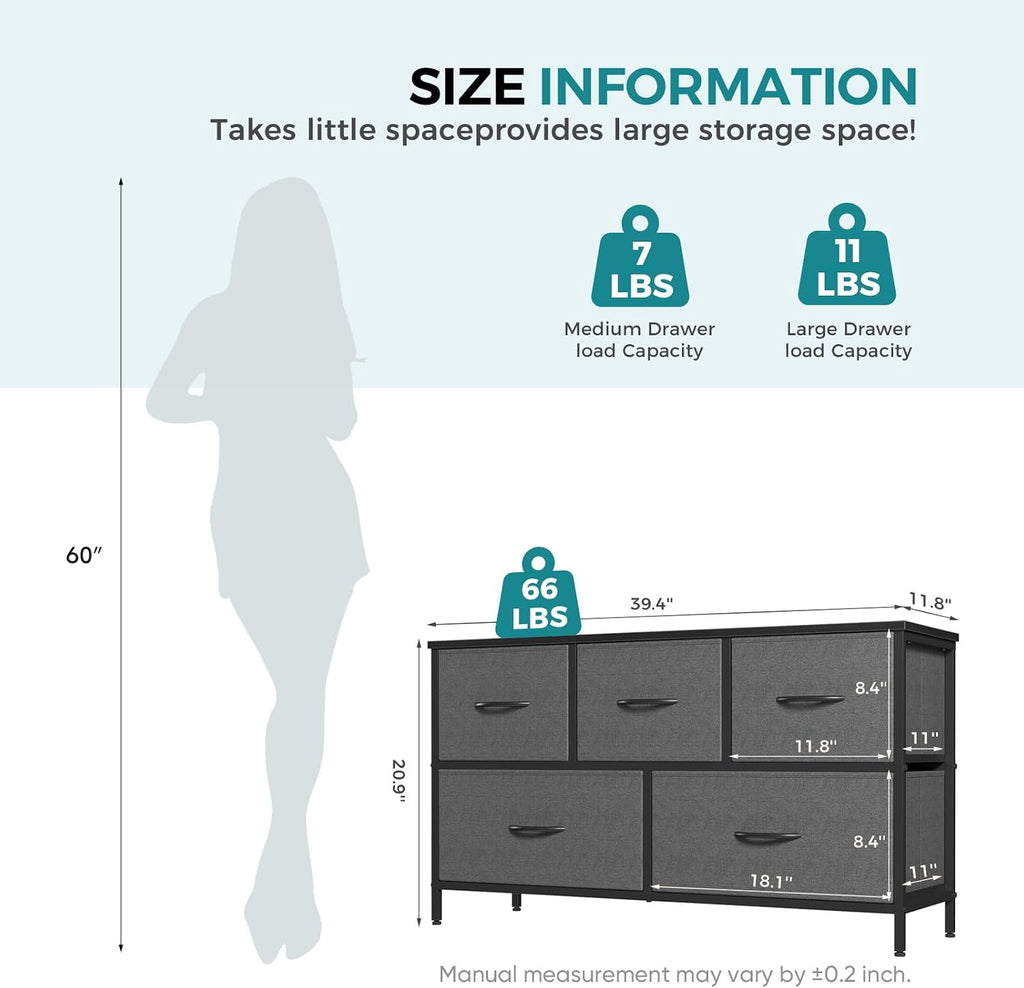 OLIXIS Dresser for Bedroom with 5 Drawers, Wide Chest of Drawers, Grey