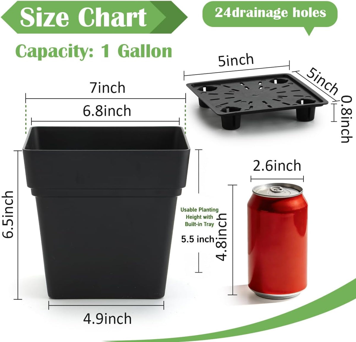 6-Pack 7 Inch Square Planters with Built-in Drainage Tray & Bottom Plug